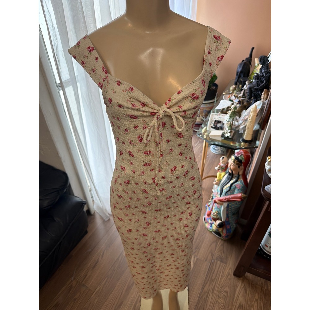 See You Monday‎ Los Angeles Floral Popcorn Midi Dress Pink Rose Tie Front Large